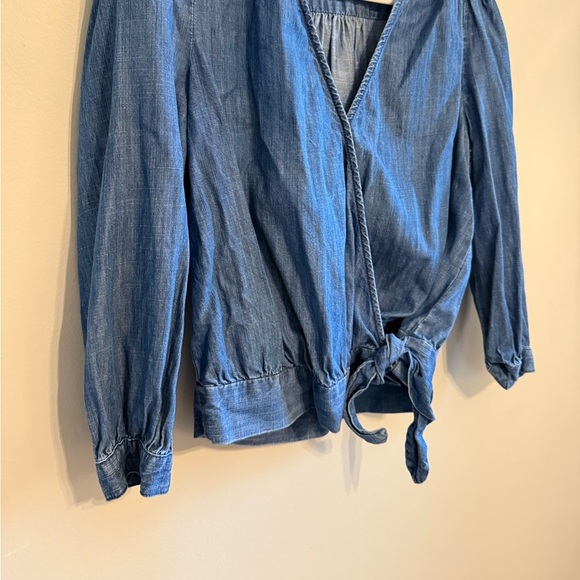 Madewell • Denim Wrap 70s Style Top Cotton Lyocell Blend Sz Small Tie Waist - Picture 6 of 10